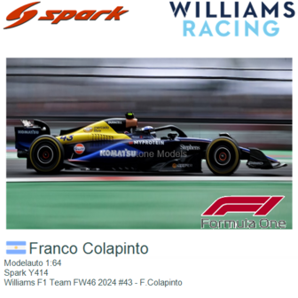 Modelauto 1:64 | Spark Y414 | Williams F1 Team FW46 2024 #43 - F.Colapinto