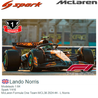 Modelauto 1:64 | Spark Y416 | McLaren Formula One Team MCL38 2024 #4 - L.Norris