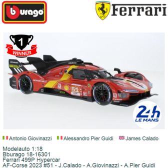 Modelauto 1:18 | Bburago 18-16301 | Ferrari 499P Hypercar | AF-Corse 2023 #51 - J.Calado - A.Giovinazzi - A.Pier Guidi