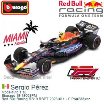 Modelauto 1:18 | Bburago 18-18003PM | Red Bull Racing RB19 RBPT 2023 #11 - S.P&amp;#233;rez