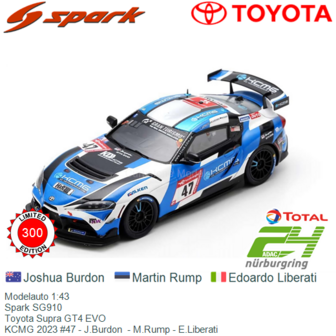 Modelauto 1:43 | Spark SG910 | Toyota Supra GT4 EVO | KCMG 2023 #47 - J.Burdon  - M.Rump - E.Liberati