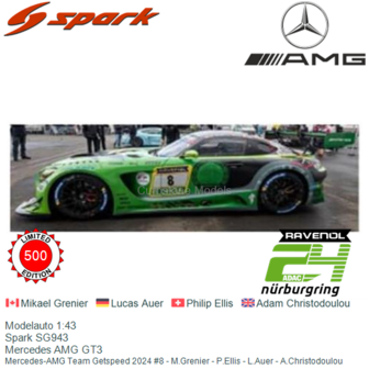 Modelauto 1:43 | Spark SG943 | Mercedes AMG GT3 | Mercedes-AMG Team Getspeed 2024 #8 - M.Grenier - P.Ellis - L.Auer - A.Christo