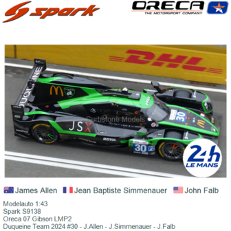 Modelauto 1:43 | Spark S9138 | Oreca 07 Gibson LMP2 | Duqueine Team 2024 #30 - J.Allen - J.Simmenauer - J.Falb