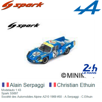 Modelauto 1:43 | Spark S5697 | Soci&eacute;t&eacute; des Automobiles Alpine A210 1969 #50 - A.Serpaggi - C.Ethuin