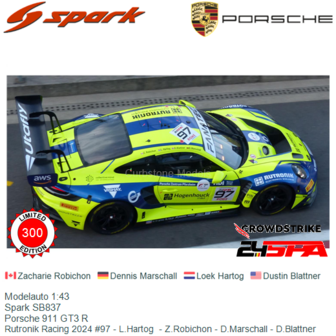 Modelauto 1:43 | Spark SB837 | Porsche 911 GT3 R | Rutronik Racing 2024 #97 - L.Hartog  - Z.Robichon - D.Marschall - D.Blattner