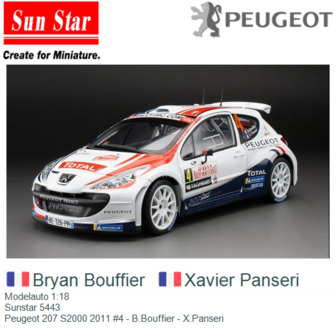 Modelauto 1:18 | Sunstar 5443 | Peugeot 207 S2000 2011 #4 - B.Bouffier - X.Panseri