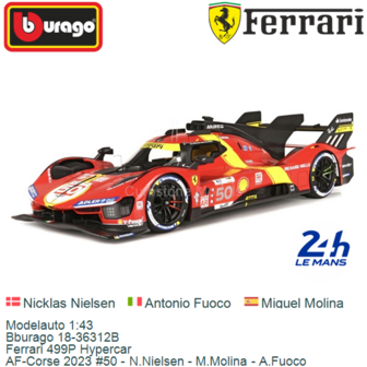 Modelauto 1:43 | Bburago 18-36312B | Ferrari 499P Hypercar | AF-Corse 2023 #50 - N.Nielsen - M.Molina - A.Fuoco