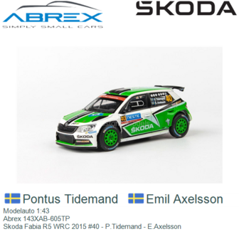 Modelauto 1:43 | Abrex 143XAB-605TP | Skoda Fabia R5 WRC 2015 #40 - P.Tidemand - E.Axelsson