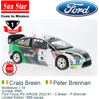 Modelauto 1:18 | Sunstar 3980 | Ford Focus RS WRC06 2022 #1 - C.Breen - P.Brennan 