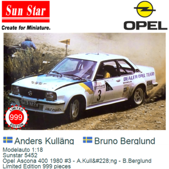 Modelauto 1:18 | Sunstar 5452 | Opel Ascona 400 1980 #3 - A.Kull&amp;#228;ng - B.Berglund