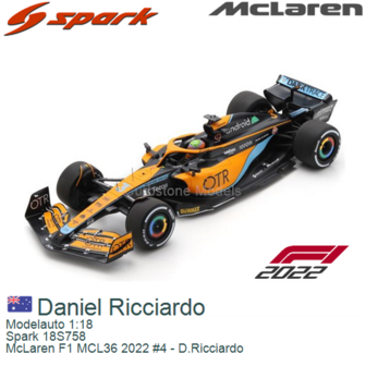 Modelauto 1:18 | Spark 18S758 | McLaren F1 MCL36 2022 #4 - D.Ricciardo