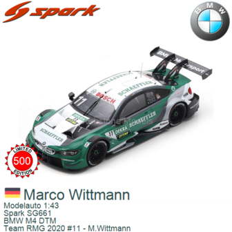 Modelauto 1:43 | Spark SG661 | BMW M4 DTM | Team RMG 2020 #11 - M.Wittmann