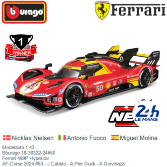 Modelauto 1:43 | Bburago 18-36322-24#50 | Ferrari 499P Hypercar | AF-Corse 2024 #50 - J.Calado - A.Pier Guidi - A.Giovinazzi