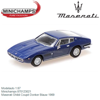 Modelauto 1:87 | Minichamps 870123021 | Maserati Ghibli Coup&eacute; Donker Blauw 1969