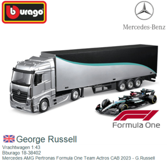 Vrachtwagen 1:43 | Bburago 18-38402 | Mercedes AMG Pertronas Formula One Team Actros CAB 2023 - G.Russell