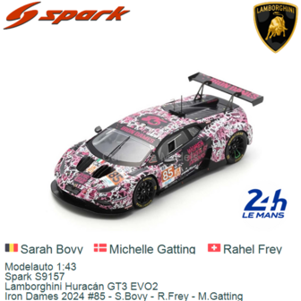 Modelauto 1:43 | Spark S9157 | Lamborghini Hurac&aacute;n GT3 EVO2 | Iron Dames 2024 #85 - S.Bovy - R.Frey - M.Gatting