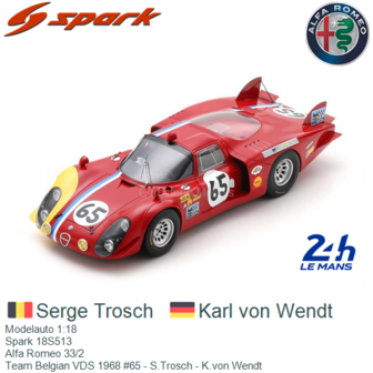 Modelauto 1:18 | Spark 18S513 | Alfa Romeo 33/2 | Team Belgian VDS 1968 #65 - S.Trosch - K.von Wendt