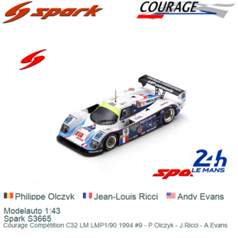 Modelauto 1:43 | Spark S3665 | Courage Comp&eacute;tition C32 LM LMP1/90 1994 #9 - P.Olczyk - J.Ricci - A.Evans