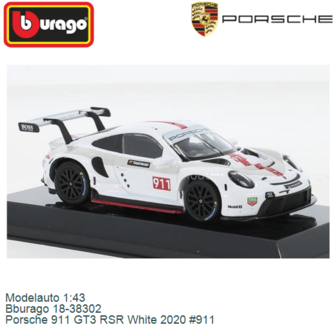 Modelauto 1:43 | Bburago 18-38302 | Porsche 911 GT3 RSR White 2020 #911