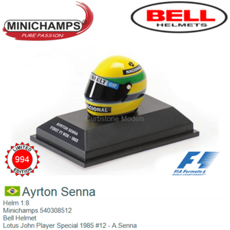 Helm 1:8 | Minichamps 540308512 | Bell Helmet | Lotus John Player Special 1985 #12 - A.Senna