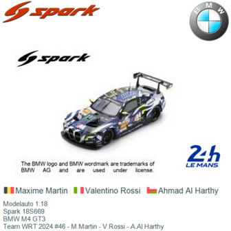 Modelauto 1:18 | Spark 18S669 | BMW M4 GT3 | Team WRT 2024 #46 - M.Martin - V.Rossi - A.Al Harthy