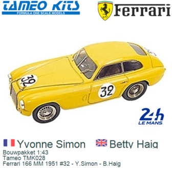 Bouwpakket 1:43 | Tameo TMK028 | Ferrari 166 MM 1951 #32 - Y.Simon - B.Haig