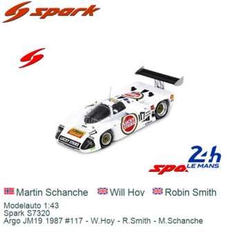 Modelauto 1:43 | Spark S7320 | Argo JM19 1987 #117 - W.Hoy - R.Smith - M.Schanche 