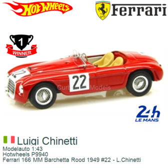 Modelauto 1:43 | Hotwheels P9940 | Ferrari 166 MM Barchetta Rood 1949 #22 - L.Chinetti