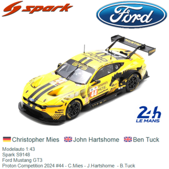 Modelauto 1:43 | Spark S9148 | Ford Mustang GT3 | Proton Competition 2024 #44 - C.Mies - J.Hartshome  - B.Tuck 