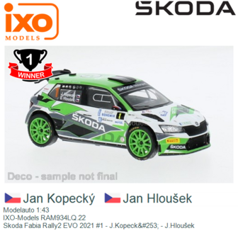 Modelauto 1:43 | IXO-Models RAM934LQ.22 | Skoda Fabia Rally2 EVO 2021 #1 - J.Kopeck&amp;#253; - J.Hlou&scaron;ek