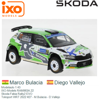 Modelauto 1:43 | IXO-Models RAM863A.22 | Skoda Fabia Rally2 EVO | Toksport WRT 2022 #27 - M.Bulacia - D.Vallejo