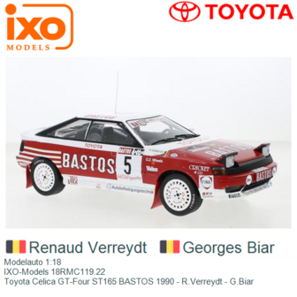 Modelauto 1:18 | IXO-Models 18RMC119.22 | Toyota Celica GT-Four ST165 BASTOS 1990 - R.Verreydt - G.Biar 