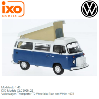 Modelauto 1:43 | IXO-Models CLC502N.22 | Volkswagen Transporter T2 Westfalia Blue and White 1978