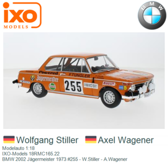 Modelauto 1:18 | IXO-Models 18RMC165.22 | BMW 2002 J&auml;germeister 1973 #255 - W.Stiller - A.Wagener