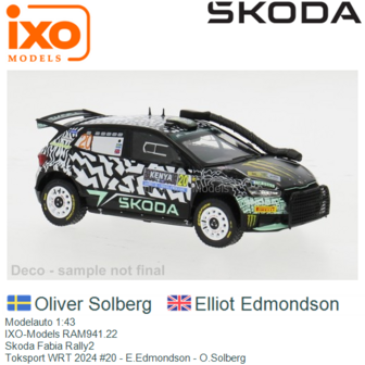 Modelauto 1:43 | IXO-Models RAM941.22 | Skoda Fabia Rally2 | Toksport WRT 2024 #20 - E.Edmondson - O.Solberg