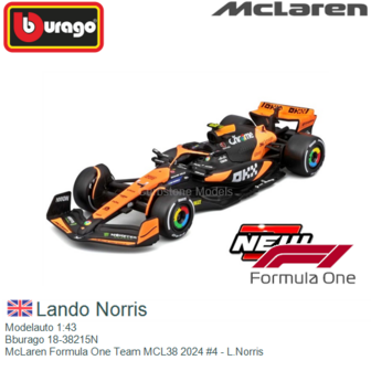 Modelauto 1:43 | Bburago 18-38215N | McLaren Formula One Team MCL38 2024 #4 - L.Norris