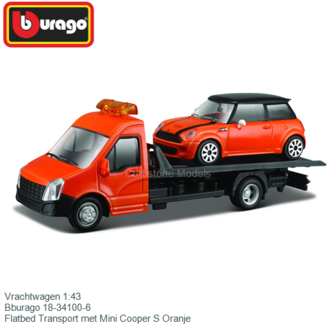 Vrachtwagen 1:43 | Bburago 18-34100-6 | Flatbed Transport met Mini Cooper S Oranje