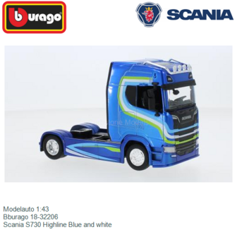 Modelauto 1:43 | Bburago 18-32206 | Scania S730 Highline Blue and white