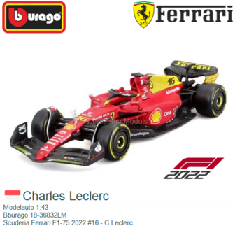 Modelauto 1:43 | Bburago 18-36832LM | Scuderia Ferrari F1-75 2022 #16 - C.Leclerc