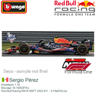 Modelauto 1:18 | Bburago 18-18003PAU | Red Bull Racing RB19 RBPT 2023 #11 - S.P&amp;#233;rez