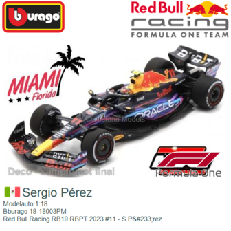 Modelauto 1:18 | Bburago 18-18003PM | Red Bull Racing RB19 RBPT 2023 #11 - S.P&amp;#233;rez