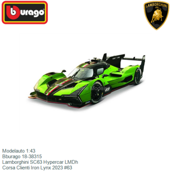 Modelauto 1:43 | Bburago 18-38315 | Lamborghini SC63 Hypercar LMDh | Corsa Clienti Iron Lynx 2023 #63