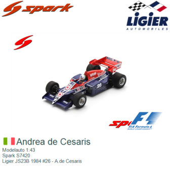 Modelauto 1:43 | Spark S7420 | Ligier JS23B 1984 #26 - A.de Cesaris