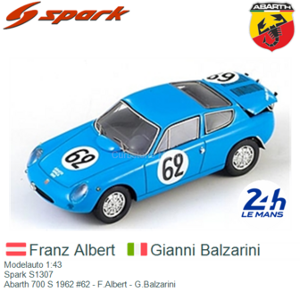 Modelauto 1:43 | Spark S1307 | Abarth 700 S 1962 #62 - F.Albert - G.Balzarini