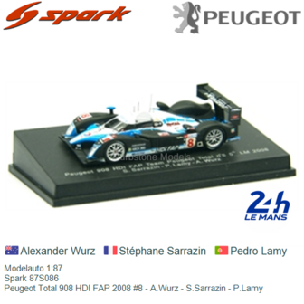 Modelauto 1:87 | Spark 87S086 | Peugeot Total 908 HDI FAP 2008 #8 - A.Wurz - S.Sarrazin - P.Lamy