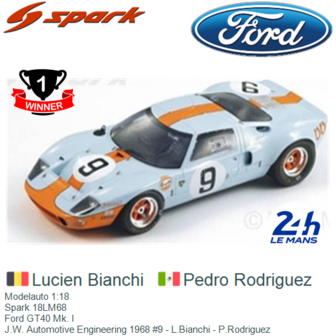 Modelauto 1:18 | Spark 18LM68 | Ford GT40 Mk. I | J.W. Automotive Engineering 1968 #9 - L.Bianchi - P.Rodriguez