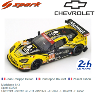 Modelauto 1:43 | Spark S3736 | Chevrolet Corvette C6 ZR1 2012 #70 - J.Belloc - C.Bourret - P.Gibon