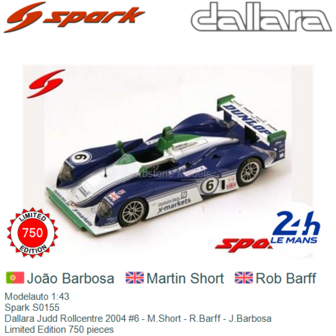 Modelauto 1:43 | Spark S0155 | Dallara Judd Rollcentre 2004 #6 - M.Short - R.Barff - J.Barbosa