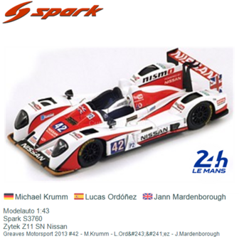 Modelauto 1:43 | Spark S3760 | Zytek Z11 SN Nissan | Greaves Motorsport 2013 #42 - M.Krumm - L.Ord&amp;#243;&amp;#241;ez - J.Ma