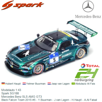 Modelauto 1:43 | Spark SG188 | Mercedes Benz SLS AMG GT3 | Black Falcon Team 2015 #5 - Y.Buurman - J.van Lagen - H.Haupt - A.Al